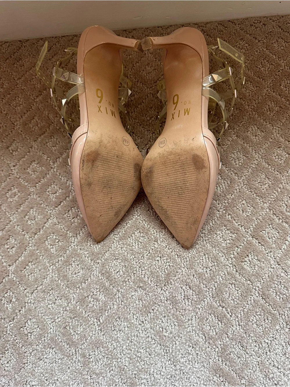 Mix No. 6 Blush Pink Patent Studded Strappy Pointed Heels
